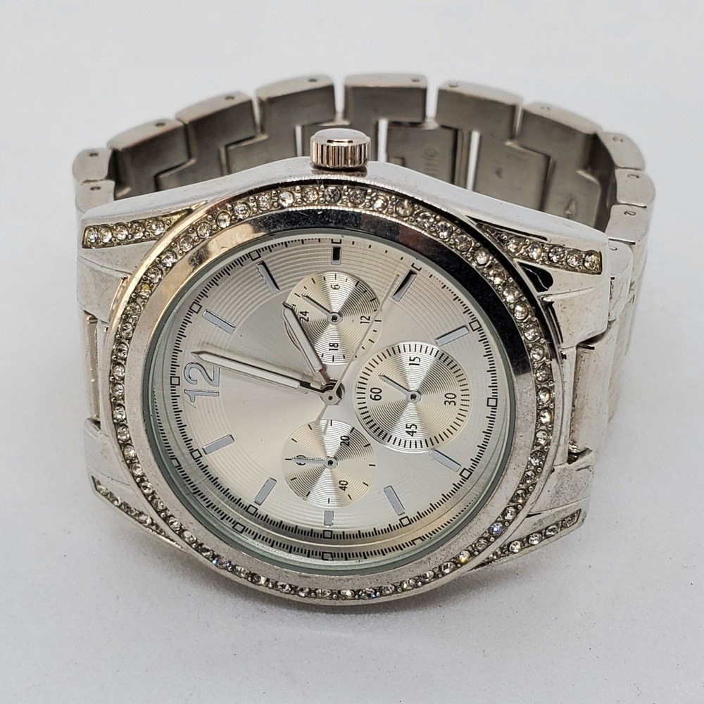 Women's Watch 40MM Gray Dial Bracelet‎ Band Rhinestone Bezel 6" New Battery